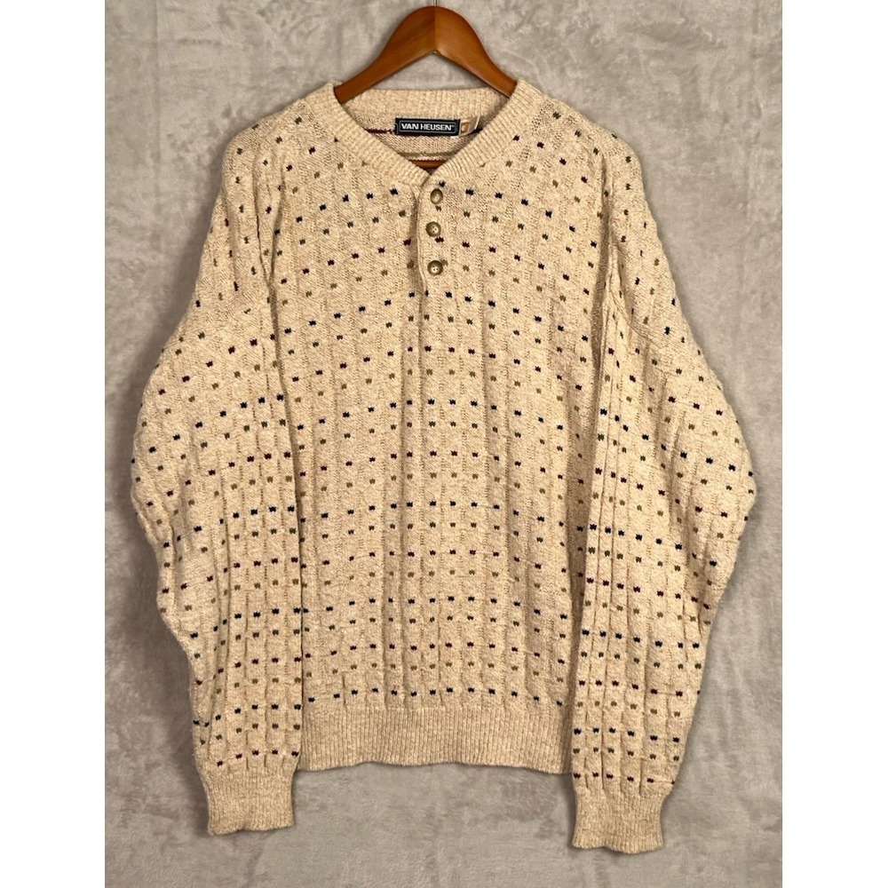 Vintage Mens Grandpa Sweater Van Heusen Henley XL Birds Eye Squares Dots 90s USA - Picture 3 of 10